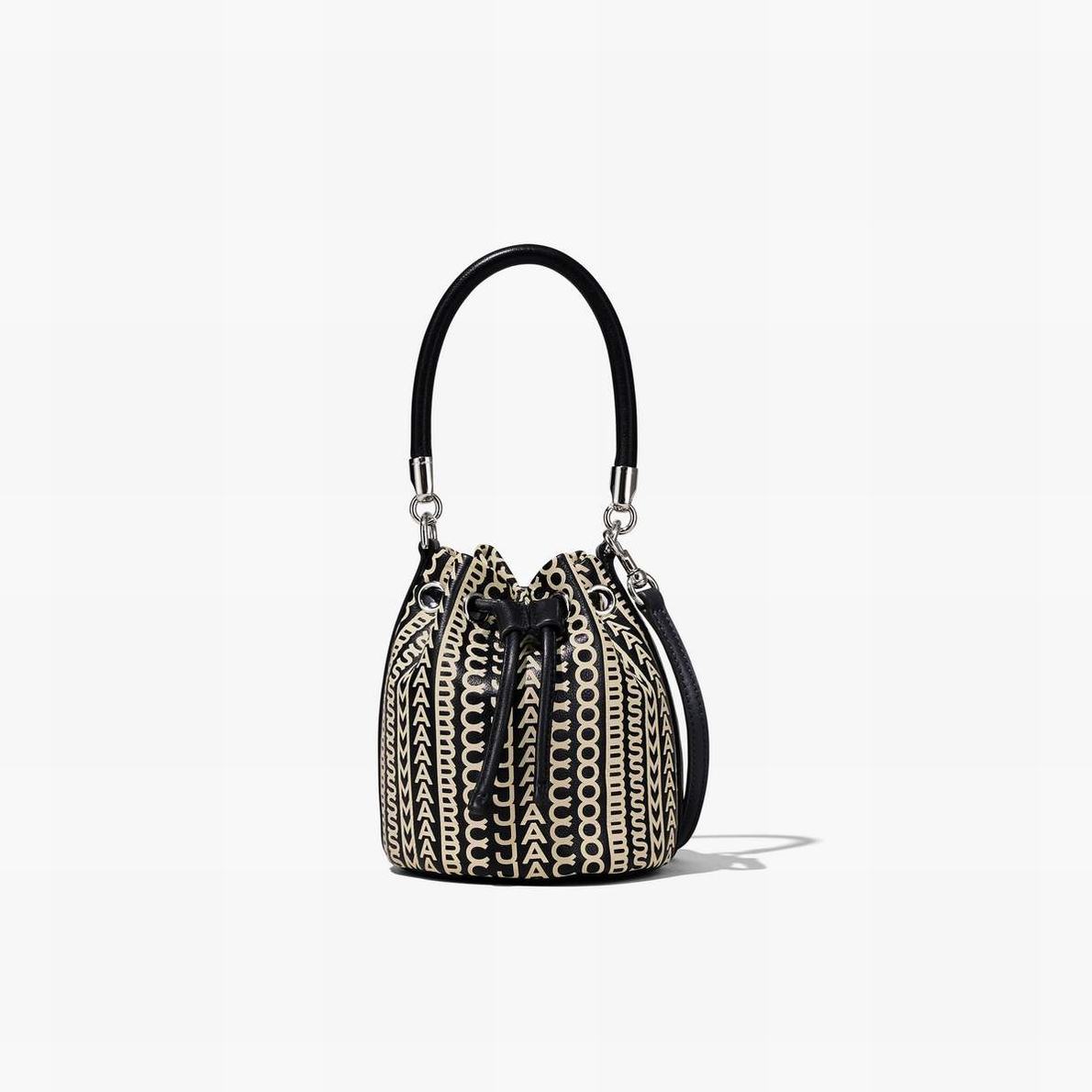 Women Marc Jacobs Monogram Leather Micro Bucket Bags Black / White | UK MJ8135-U17