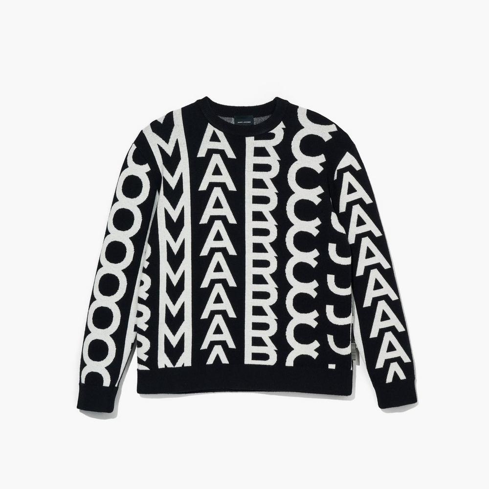 Women Marc Jacobs Monogram Oversized Crewneck Sweatshirt Black / White | UK MJ0251-L19