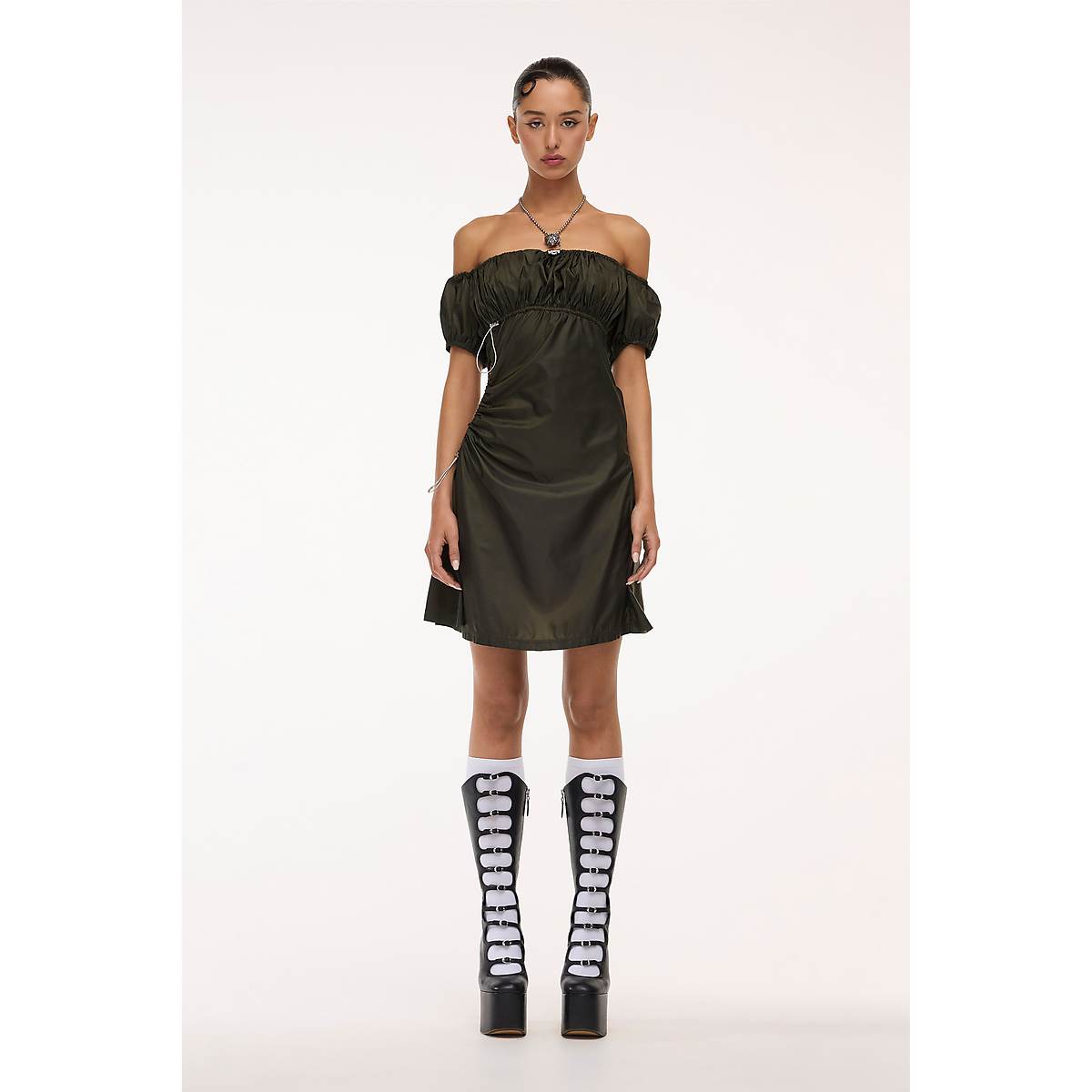 Women Marc Jacobs Off Shoulder Gathered Dress Dark Green | UK MJ1405-F27