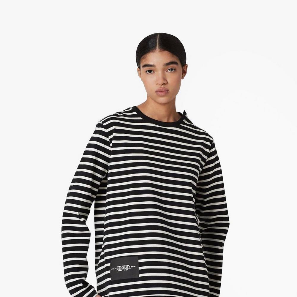 Women Marc Jacobs Striped T-Shirt Black | UK MJ3901-P02