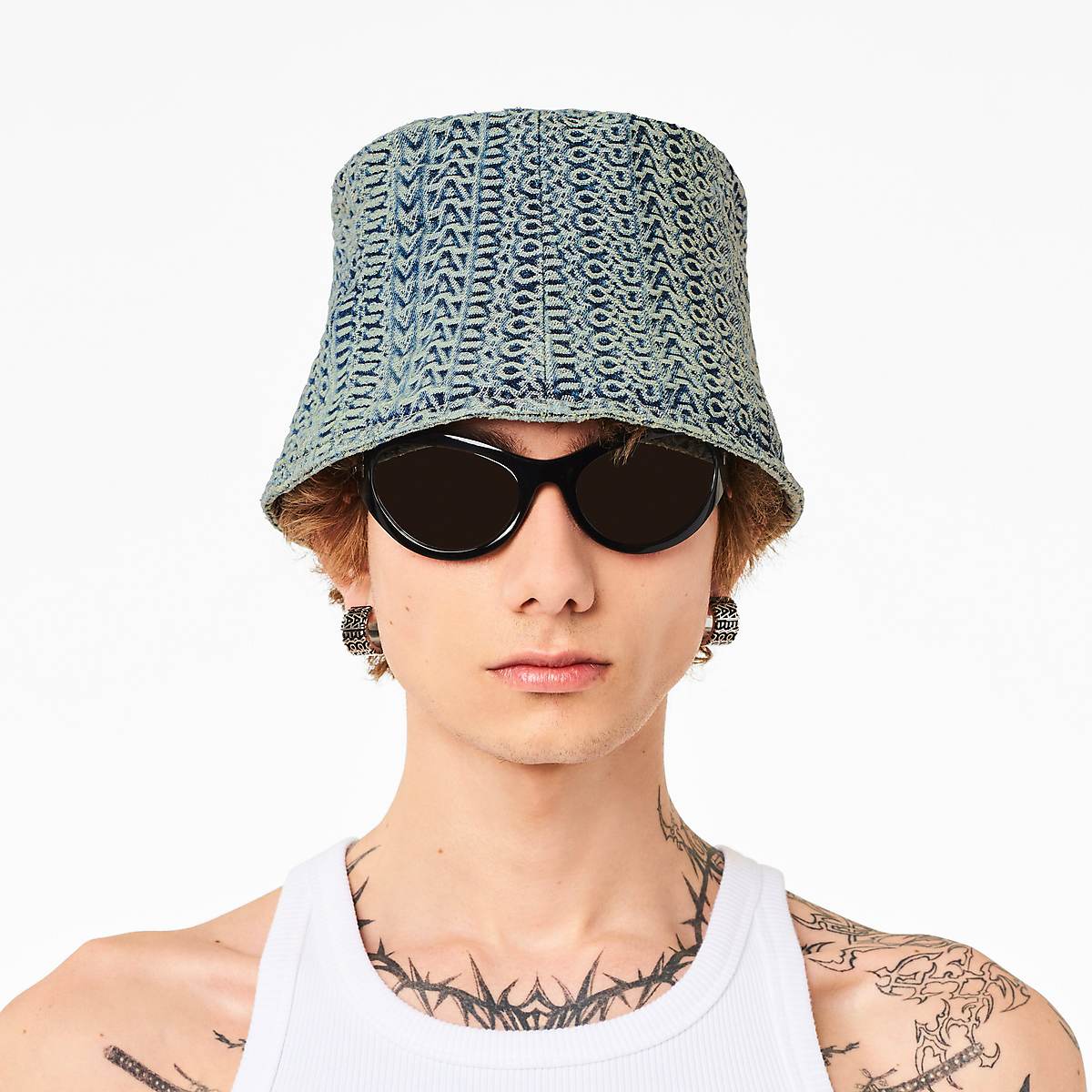 Women Marc Jacobs Washed Monogram Denim Bucket Hats Blue | UK MJ6905-E35